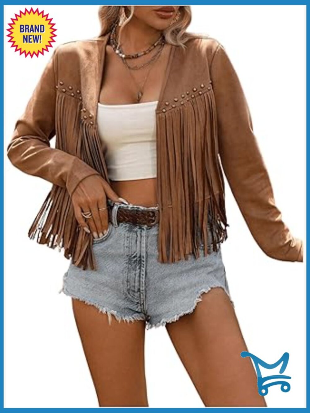 Faux Suede Long Sleeve Fringe Trim Open Front Cardigan Jacket Western Concert